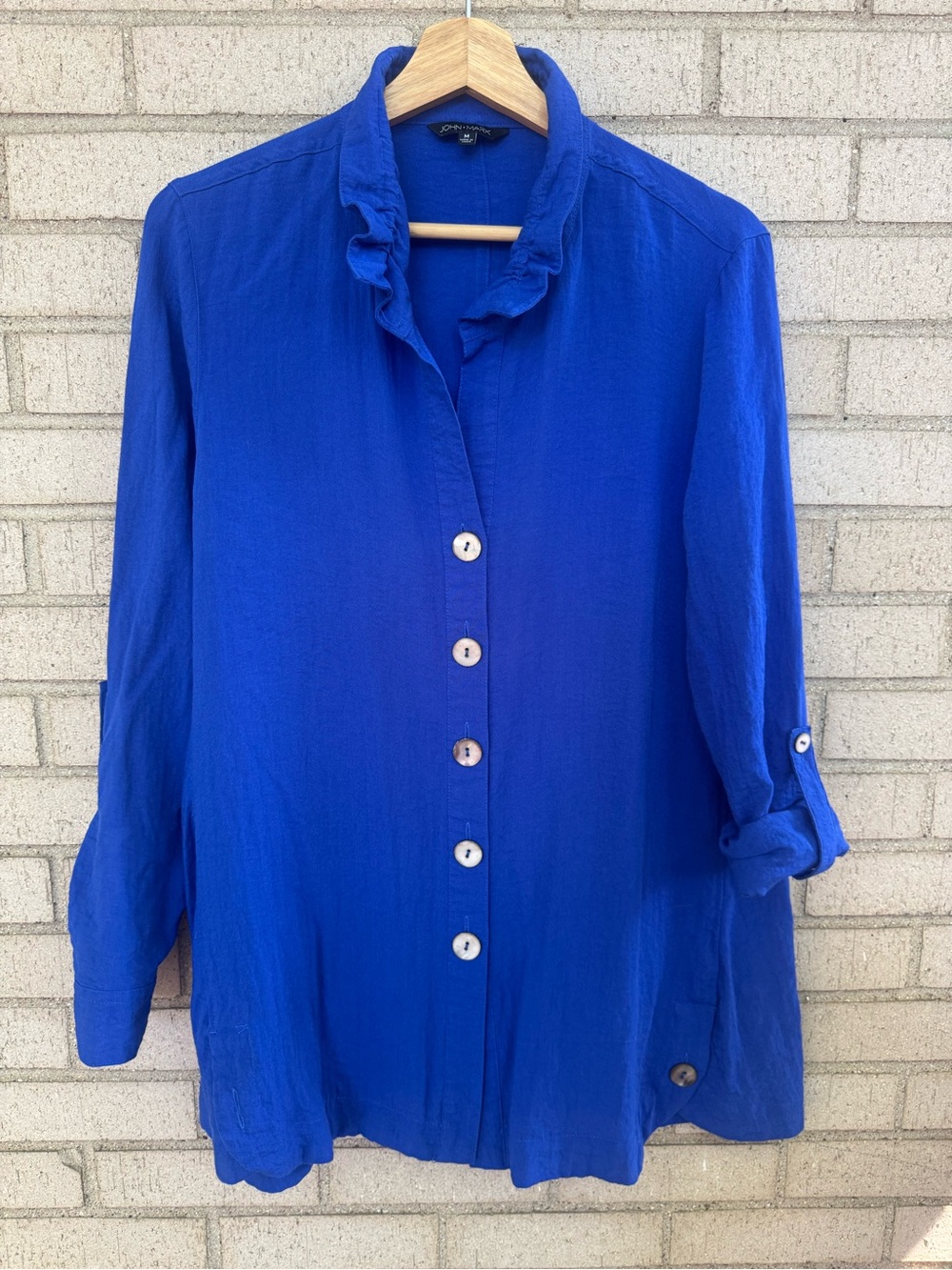 John Mark Royal Blue Ruffle Collar Button Front Blouse Medium Lightweight Med
